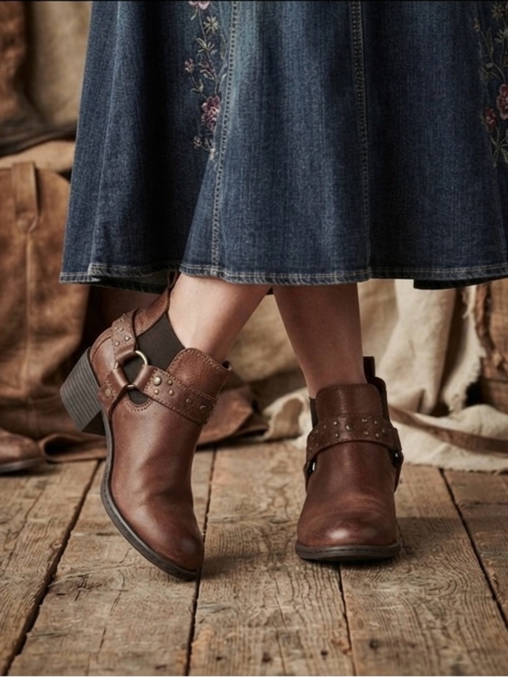 B.O.C. Born Claudette Brown Leather Moto Harness Ankle Boots